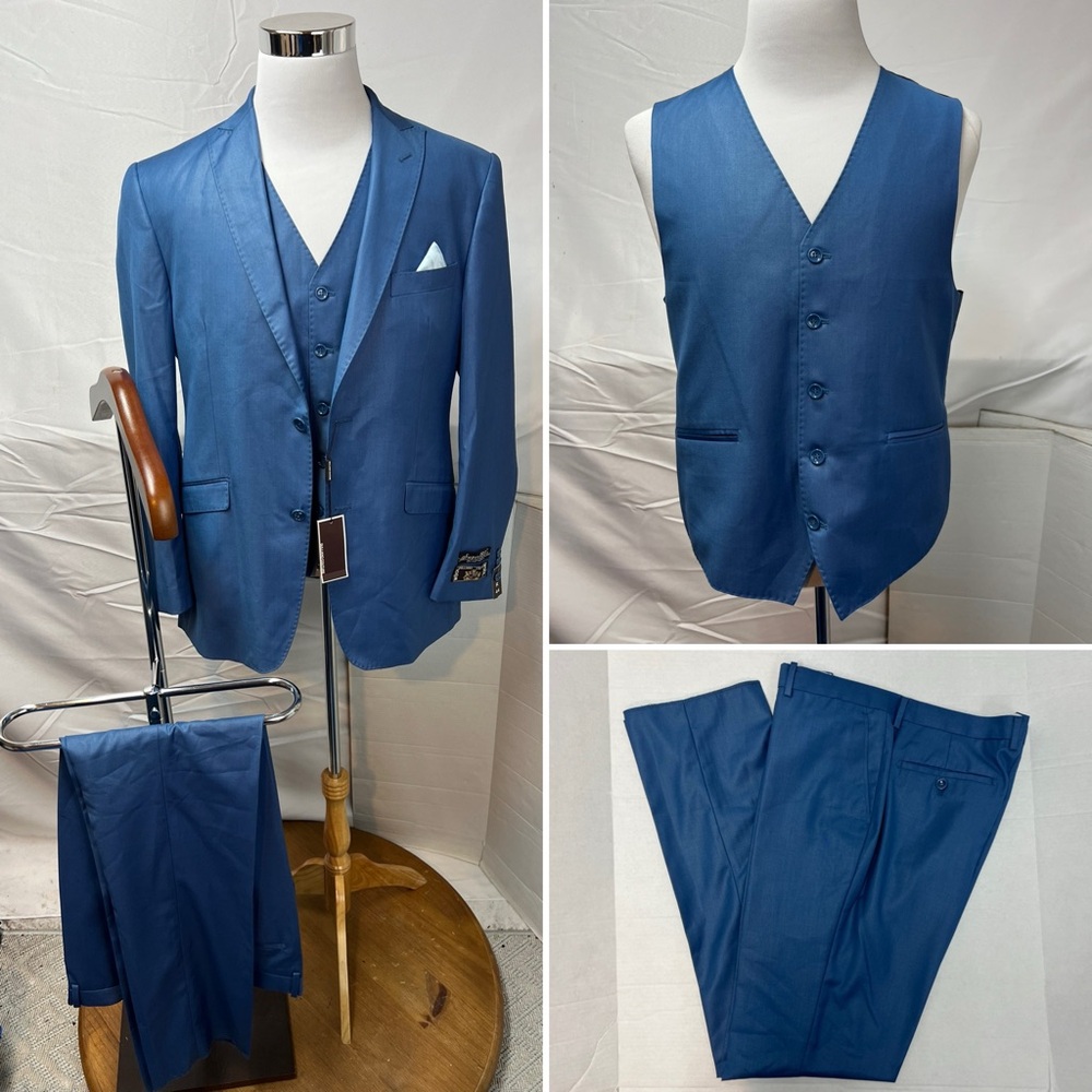 Gulliano Couture NWT Men's 44R X38W Blazer Pants Vest Blue 3-Piece Suit